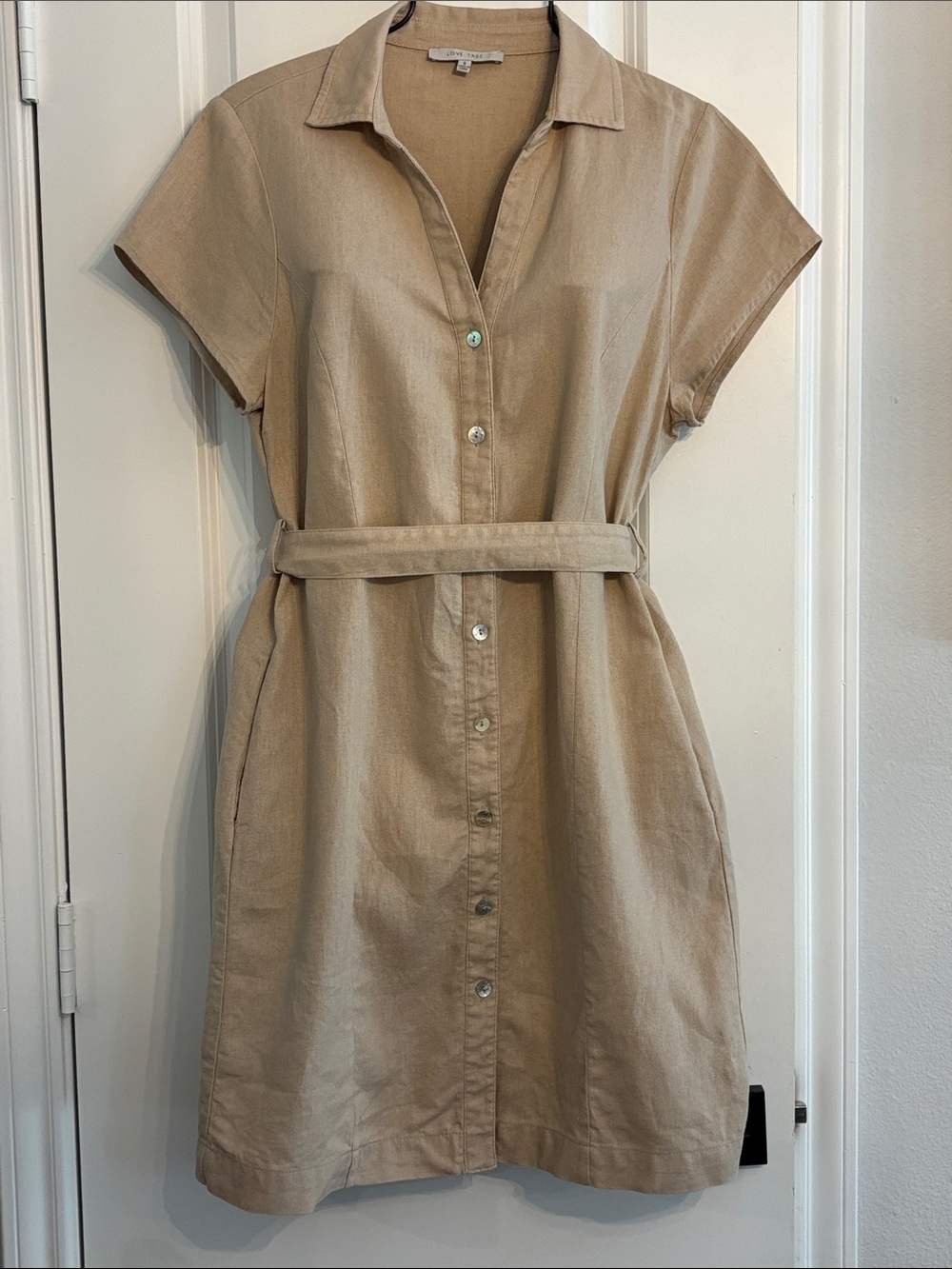Love Tree Beige Short-Sleeve Collared Linen Blend Button Up Dress with Belt. S